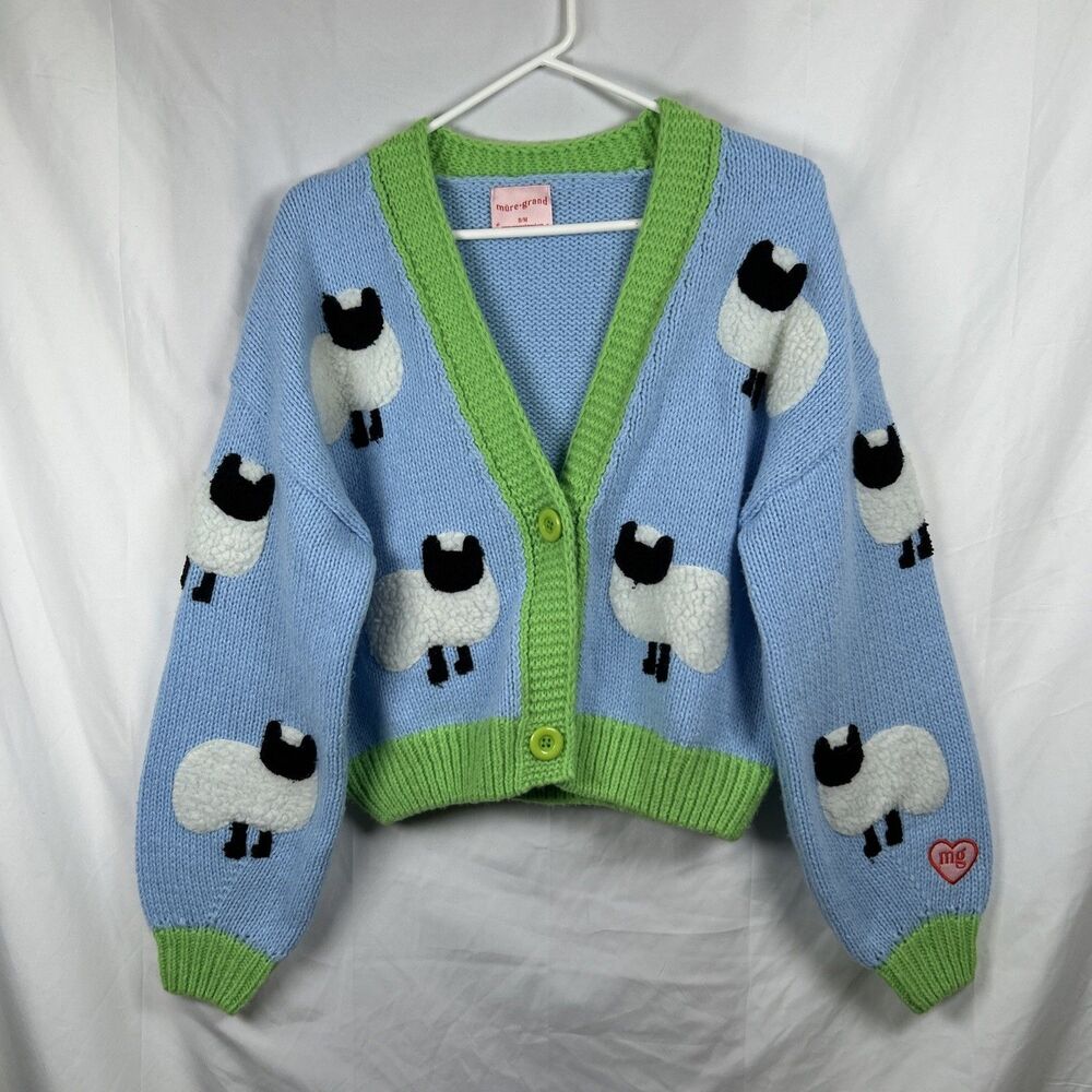 Mure + Grand Fluffy Sheep Open Cardigan Size S/M Blue Green Cropped Button Up